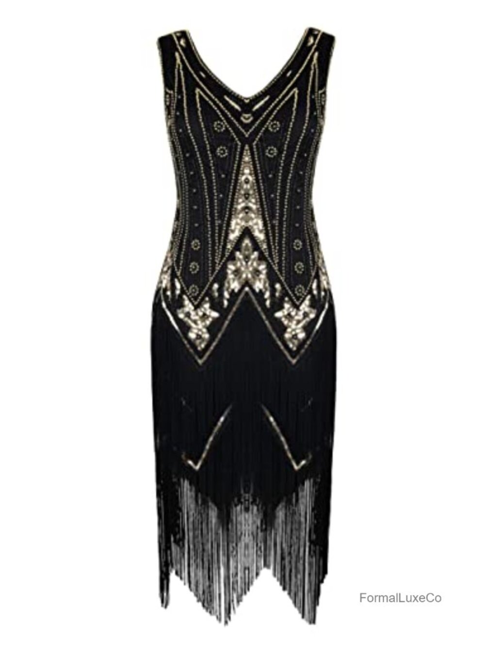 1920s Flapper Dress Sequin Pearl Fringe V-Neck Midi Great Gatsby